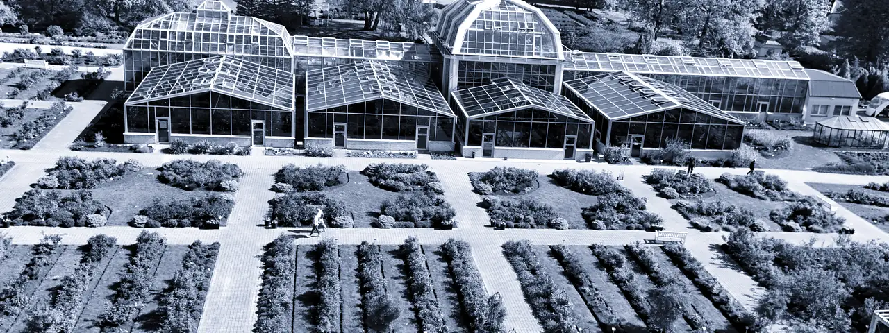 Stiklinė oranžerija ir geometriškai sudėlioti lysvių kvadratai botanikos sode iš viršaus